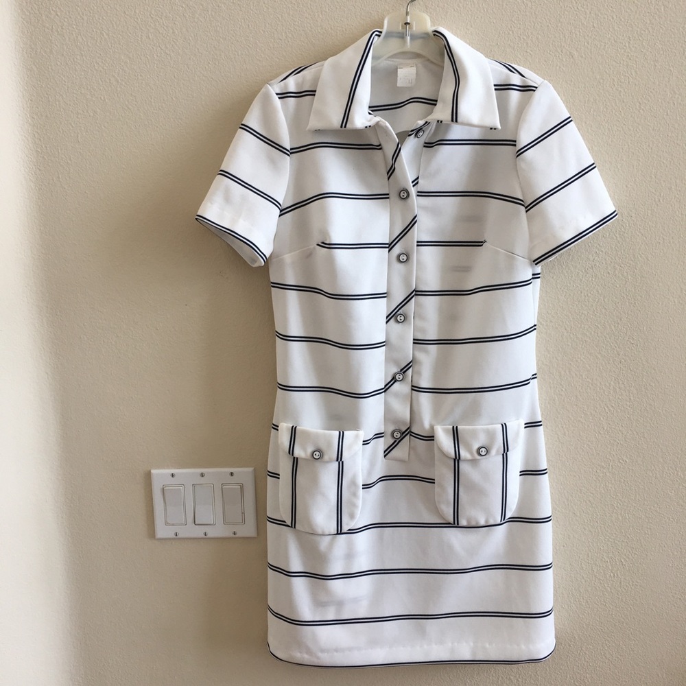 Vintage Nautical Yachting Dress Medium Homemade White Blue Stripes mini poly - Picture 3 of 5